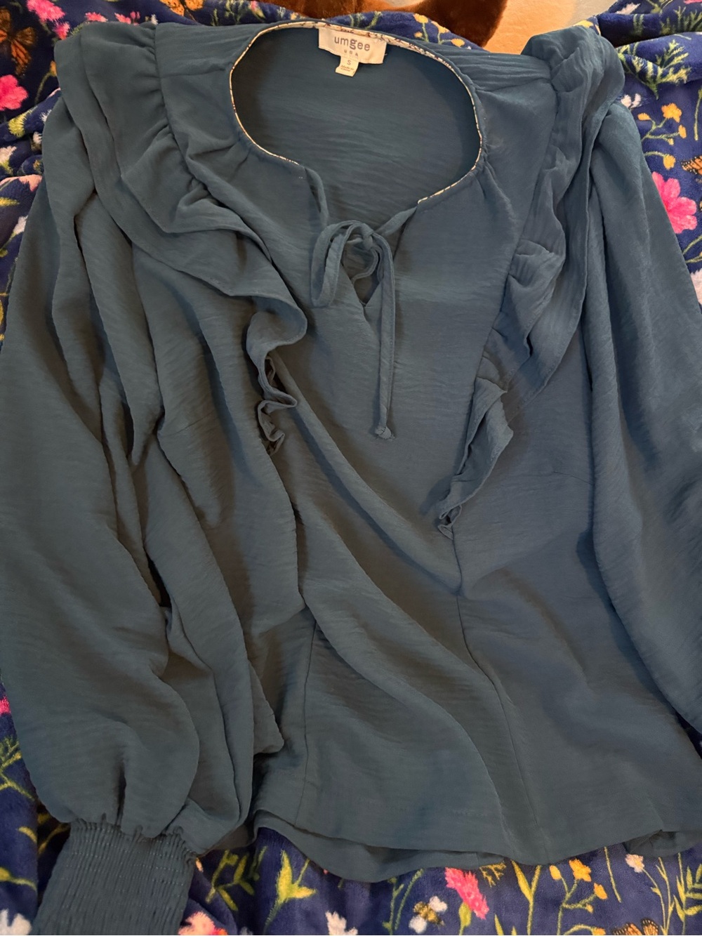 Umgee Teal Ruffle Tie-Neck Blouse
